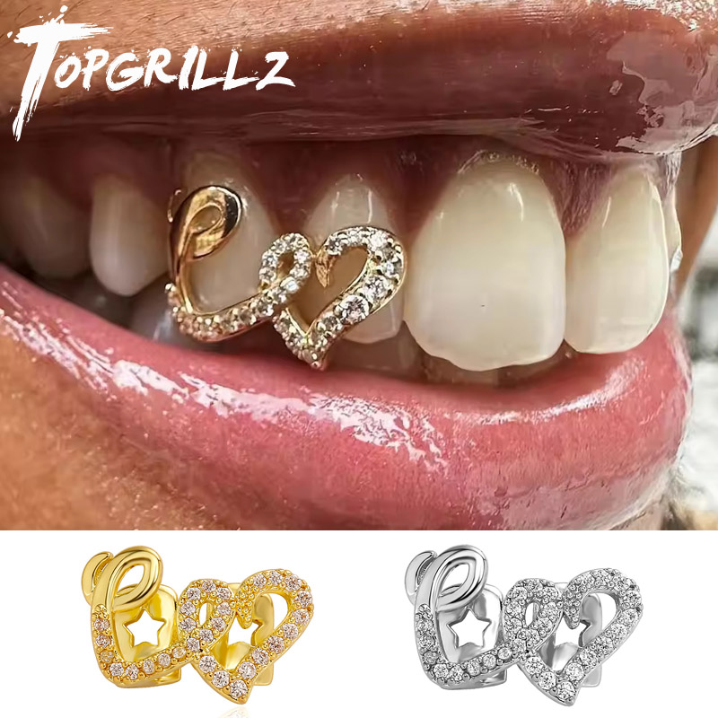 Body Jewelry For Men - TOPGRILLZ Double Heart Teeth Caps for