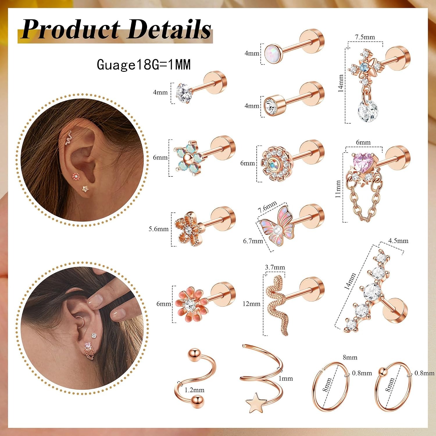 ORAZIO 18PCS Cartilage Stud Ea - Body Jewelry For Sensitive Skin ulasan dan harga